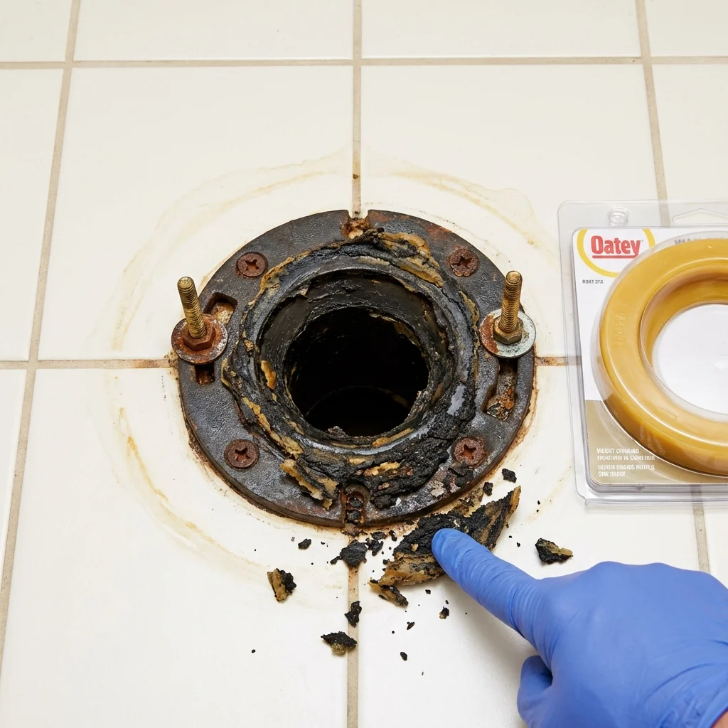 Failed wax ring showing water seepage at the base of a toilet in a Chatham, NY home